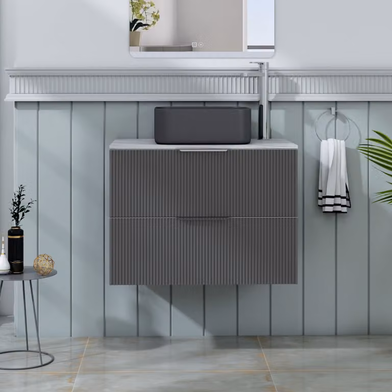 Royal Bathrooms Evora 700mm Graphite Grey Fluted Wall Hung Countertop Vanity Unit with 2 Drawers and Art Square Basin