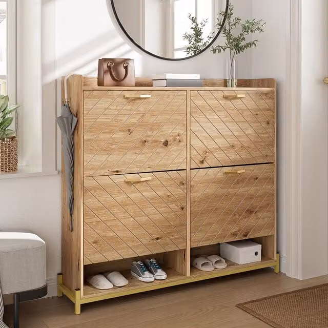 Aosom UK 4-Door Space-Saving Shoe Cabinet in Natural Brown, W/D/H: 108.5 x 24 x 100 cm