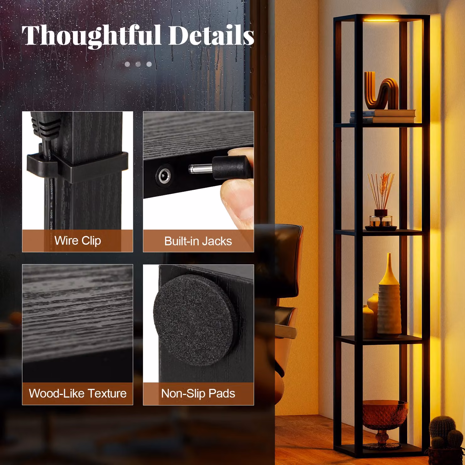 Costway Black LED Floor Lamp with 4-Tier Wood and Metal Shelves and Dimmable Adjustable Lighting – 6