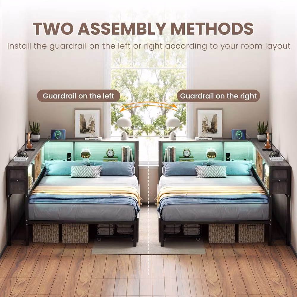 STILVORA 3ft Single Bed Frame with Storage and Headboard in Grey and Rustic Brown, W: 90 cm, L: 190 cm – 3
