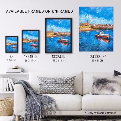 Artery8 North England Coastal Town Fishing Boats Framed Wall Art Print, Blue, A4 – 3