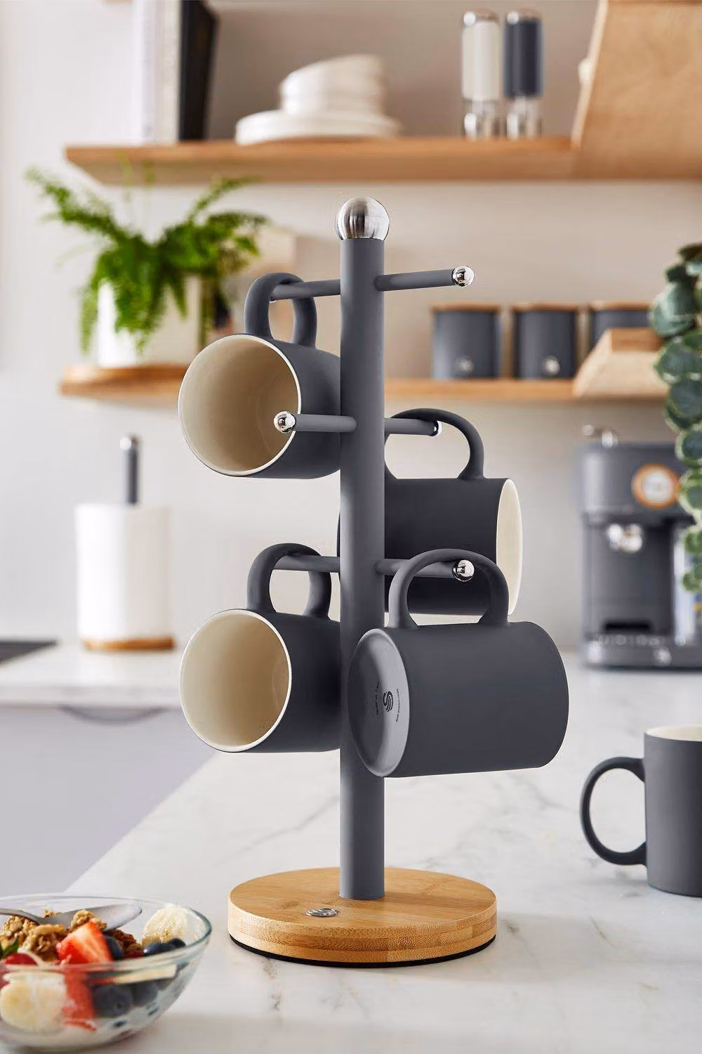 Swan Nordic Scandi Mug Tree with Anti-slip Bamboo Base and Metal Stand, Grey, H 15 cm x W 15 cm x D 38 cm – 4