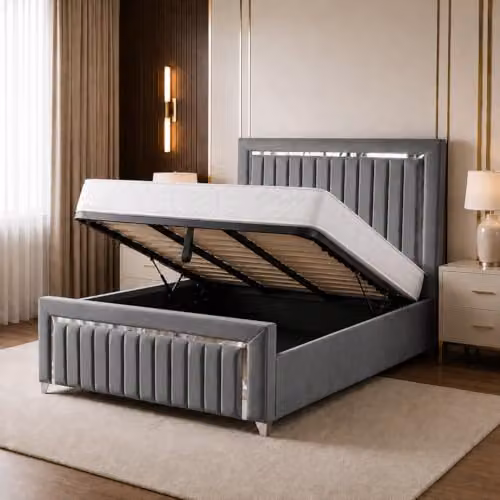Living Comfort Bedz Zurich Plush Velvet Super King Gas Lift Storage Bed in Grey with Silver Trim Detailing