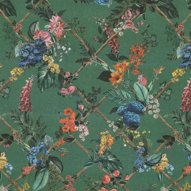 Llewelyn-Bowen Cotswold Fantasia Printed Fabric in Forest Green and Multicolour