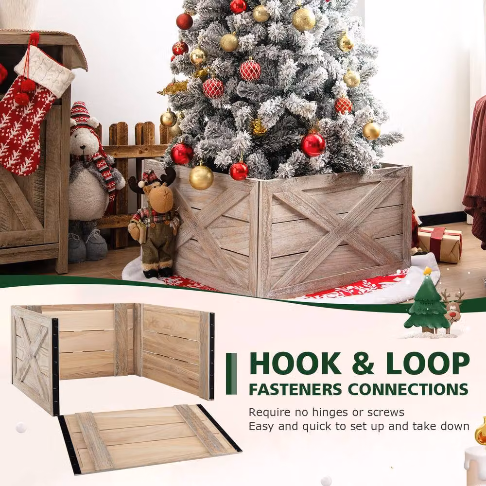 Gymax Solid Wood Vintage Christmas Tree Collar Box in Light Brown – 4