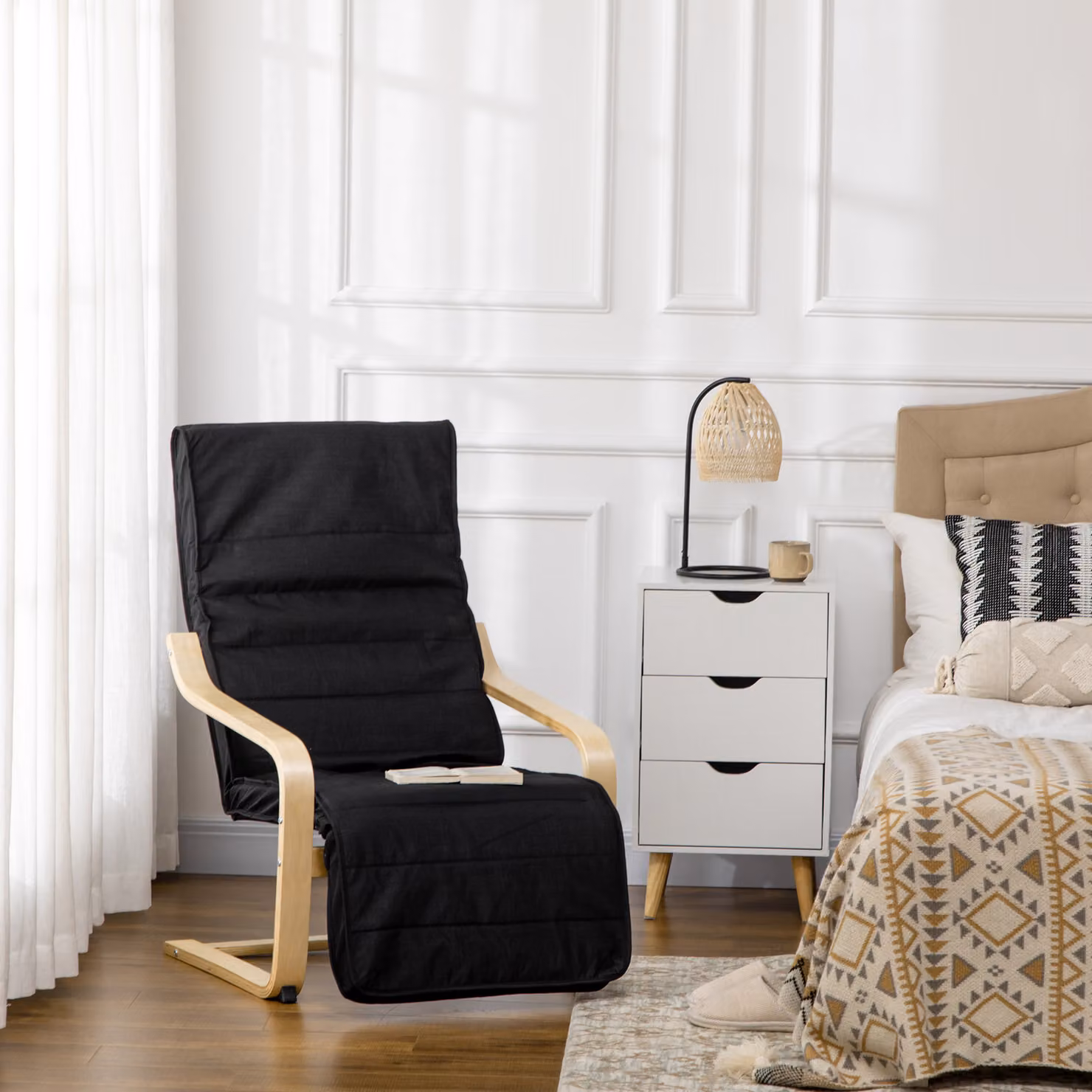 HOMCOM Modern Wooden Recliner Lounge Chair with Armrests and Adjustable Footrest in Black – 2