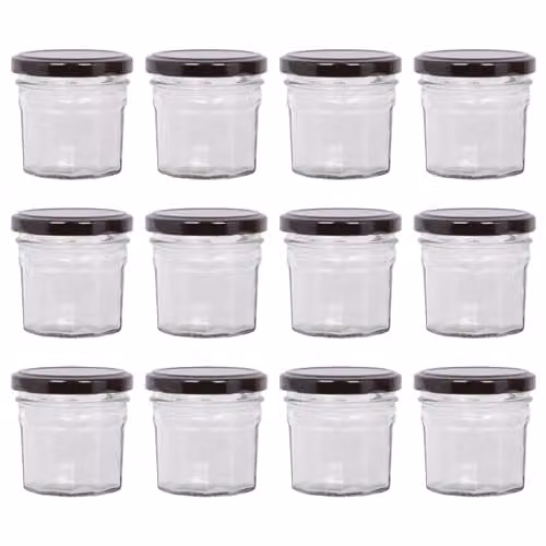 Argon Tableware Glass Jam Jars with Black Screw Top Lids, 90ml, Pack of 12 – 1
