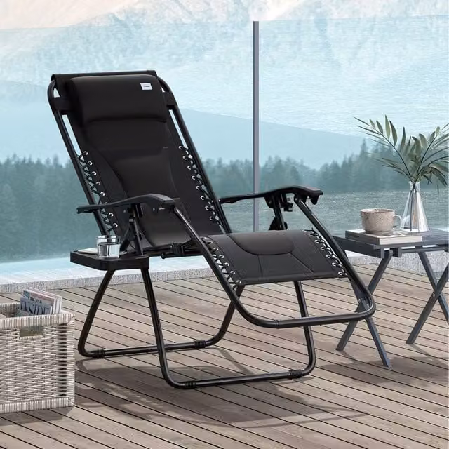 Outsunny Zero Gravity Folding Recliner Lounger with Cup Holder and Pillow, Black