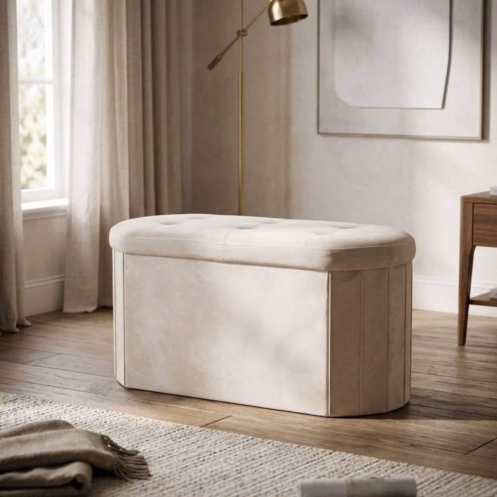 Home Luxe Interior Cream Velvet Oval Storage Ottoman Padded Bench and Blanket Box – 3