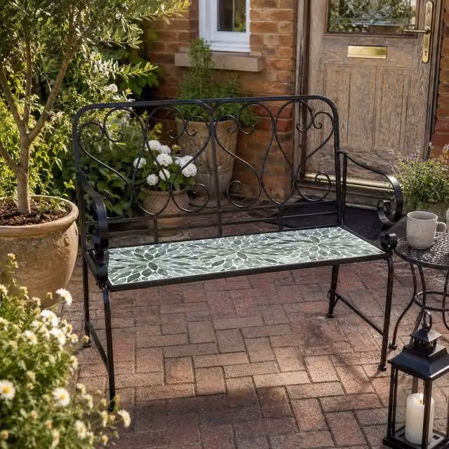 SHATCHI Leaf Mosaic 2 Seater Garden Bench with Metal and Ceramic Tile Seat in Multicolour Green