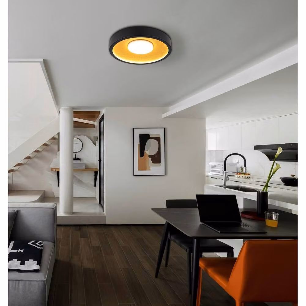 Netlighting Woki Semi Flush Ceiling Light in Black and Gold/Brass with Warm White LED 3000K – 2