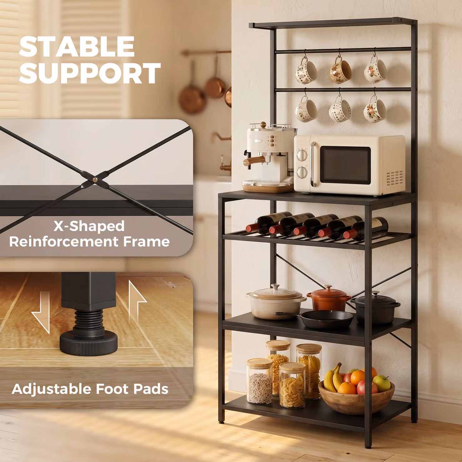HOMCOM Industrial Freestanding Shelving Unit with Wine Rack and 6 Hooks, Black, H 143.5 x W 59 x D 40 cm – 5