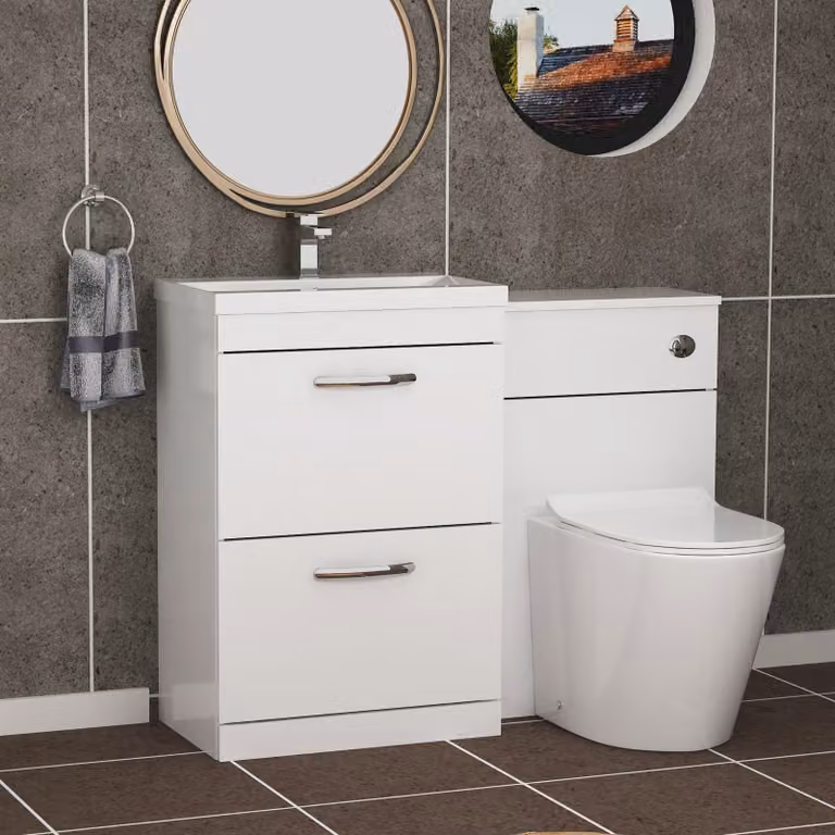 Royal Bathrooms ModernTurin Gloss White 2-Drawer Mid-Edge Basin and Cesar Back to Wall Toilet Pack, Width: 110 cm