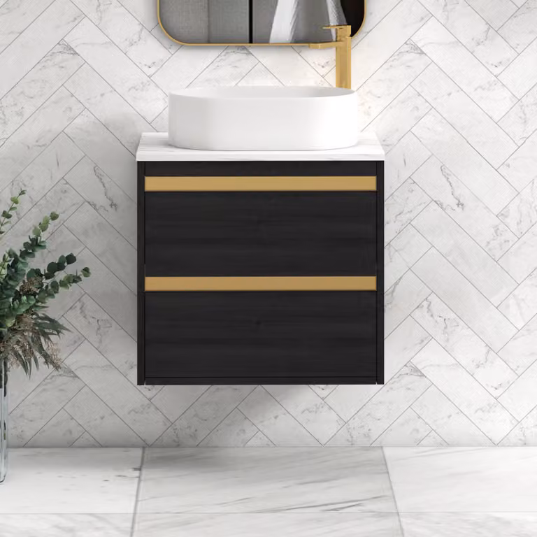 Royal Bathrooms Orion 800mm Hale Wall Hung Vanity Unit with Peak Basin in Black and Carrara White with Brushed Brass Accents