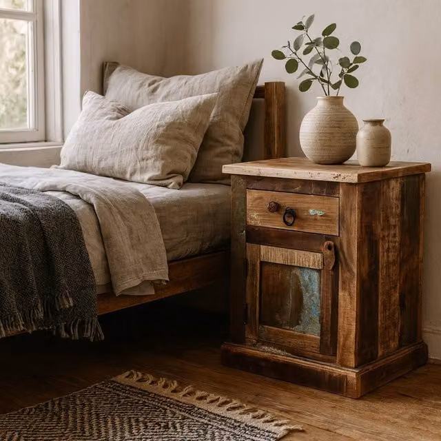 Wyld Haus Seattle Reclaimed Wood Bedside Table with 1 Drawer and 1 Door in Brown, W: 40.0 cm, D: 45.0 cm, H: 60.0 cm