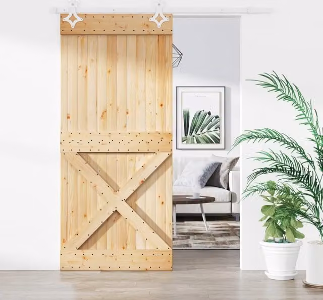 Berkfield Home Rustic Solid Wood Pine Sliding Door with Hardware Set, Brown, W: 90 cm, H: 210 cm