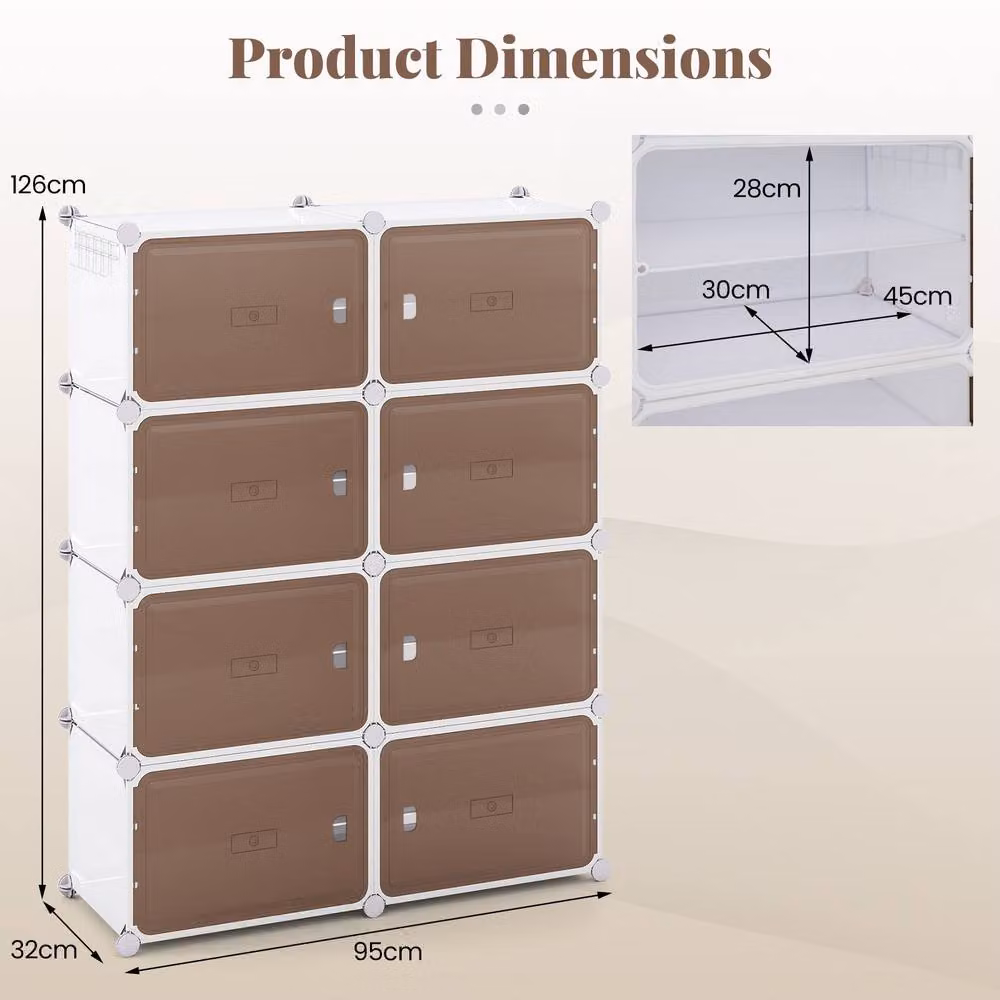 Gymax 8-Tier White Plastic and Metal Shoe Cabinet with Hinged Doors and Removable Shelves for 32 Pairs – 2