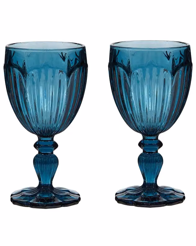 Dibor Set of 2 Blue Embossed Floral Wine Goblets, 280ml per glass – 2