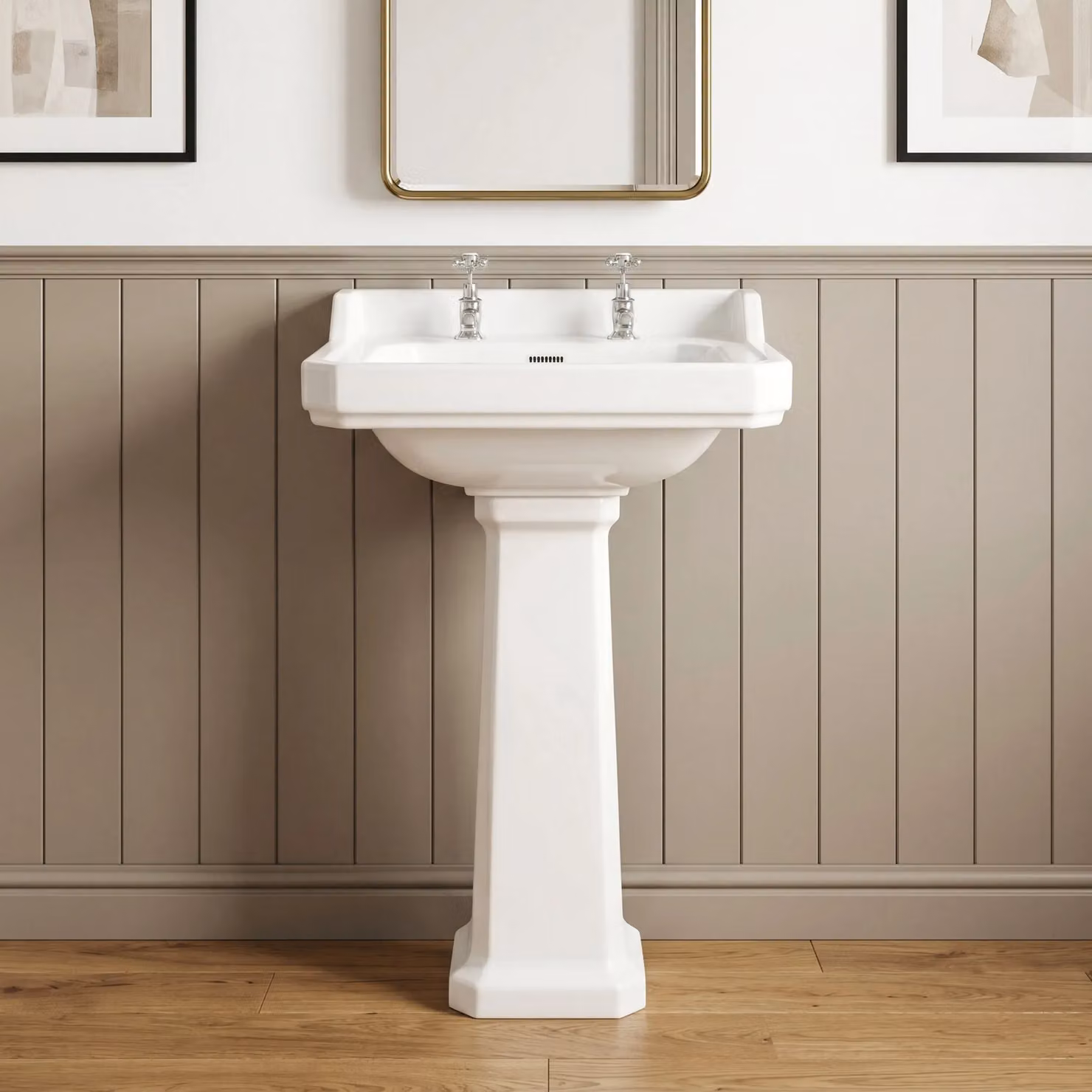 Balterley Traditional Rectangular Ceramic 2 Tap Hole Basin with Full Pedestal, White, W: 56 cm, D: 48 cm, H: 91.5 cm – 6