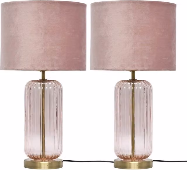 First Choice Lighting Walpole Set of 2 Blush Pink Glass and Antique Brass Table Lamps in Bronze, Height: 49 cm