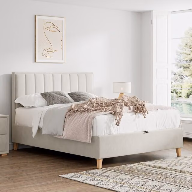 Bedmaster Rhodes Velvet Storage Ottoman Bed in Beige, W/D/H: 180 x 200 cm