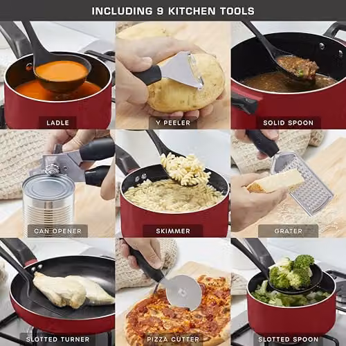 Swan Townhouse 14 Piece Red Aluminium Cookware and Tool Set with Ceramic Coating, 16cm, 18cm and 20cm Saucepans with Glass Lids and 20cm and 26cm Frying Pans – 5