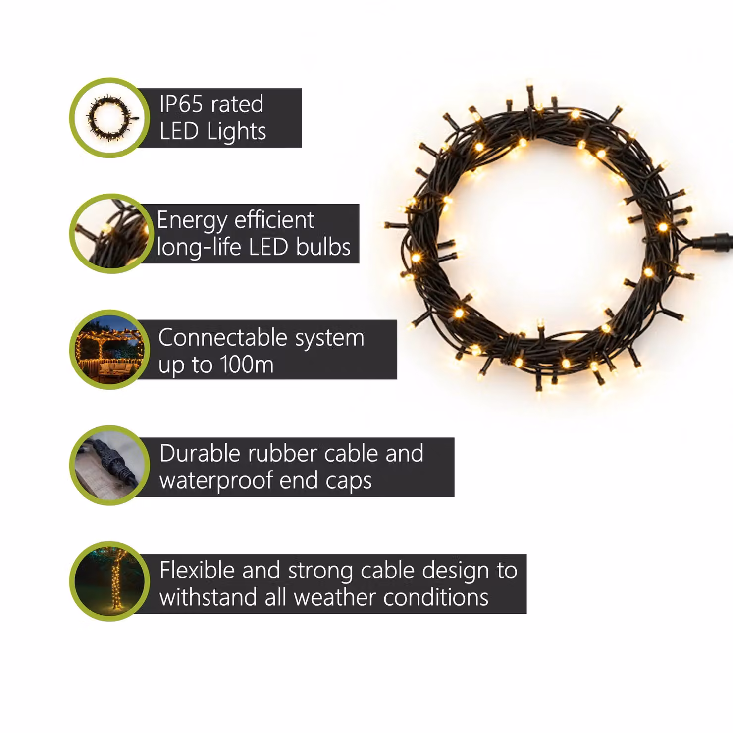 Pegdev LED String Lights, Warm White, Black Rubber, IP65 Waterproof, 10m – 2