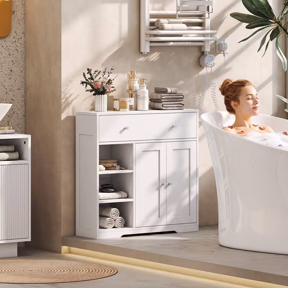 HOMCOM White Modern Freestanding Bathroom Floor Cabinet with Drawer and Hinged Doors – 2