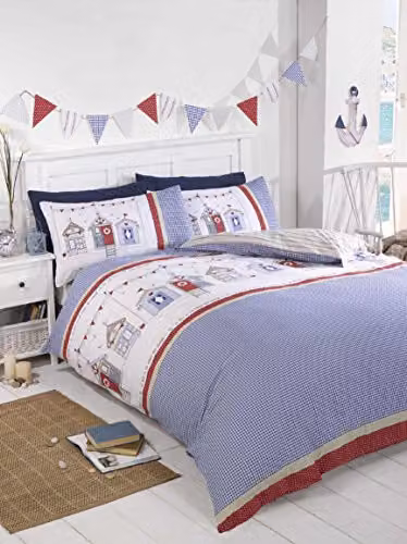 Rapport Home Summer Seaside Beach Huts Polycotton Double Duvet Cover Set with Pillowcase, Blue and Red, W/D/H: 200 x 200 cm, Pillowcase: 50 x 75 cm – 2