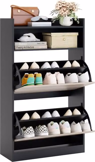 Gymax Modern Wooden Shoe Cabinet in Black with Tilting Compartments and Open Shelf, W/D/H: 60 x 24 x 102 cm