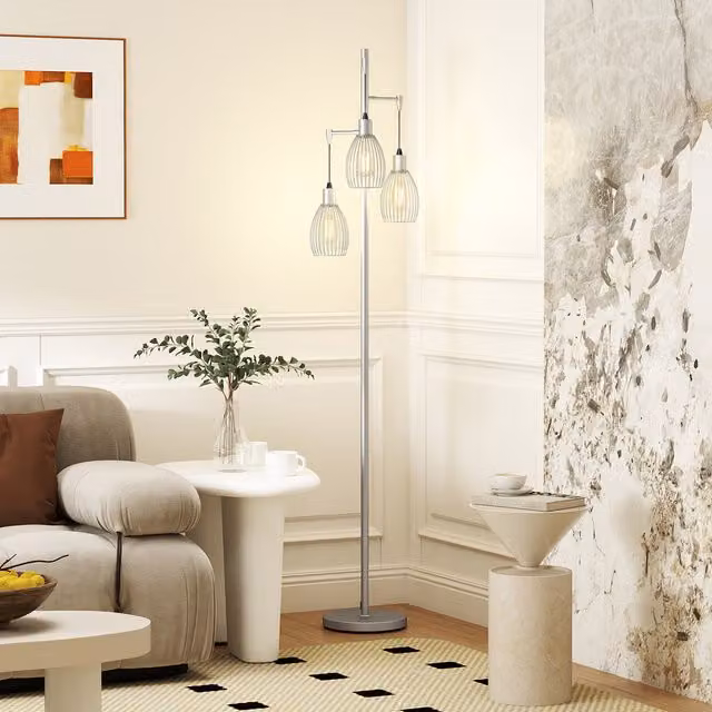 HOMCOM Dimmable 3-Light Industrial Floor Lamp in Silver and Black with Transparent Glass Shades