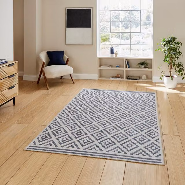 Terrys Blue Geometric Modern Flat Weave Washable Polyester Rectangular Rug