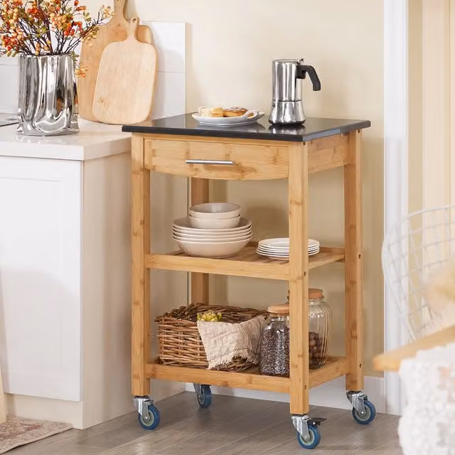 SoBuy Bamboo Kitchen Trolley Cart in Black
