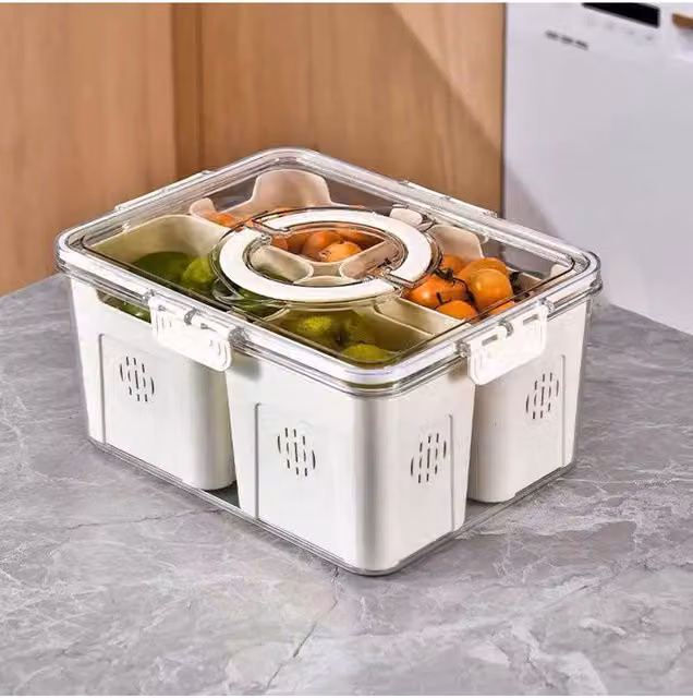 Living and Home 4-Compartment Detachable Fridge Storage Container with Snap Lid and Handles, White