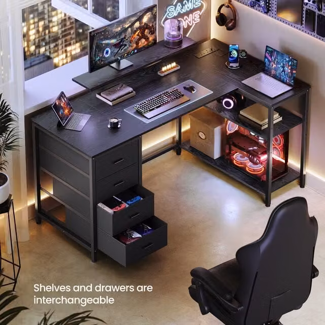 VASAGLE L Shaped Modern Gaming Desk in Black