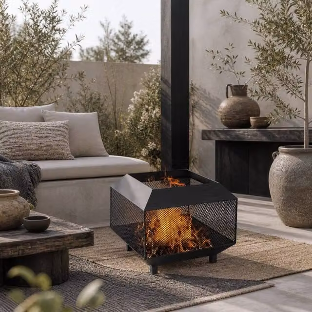 Wyld Haus Dita Black Steel Square Fire Pit with Mesh Lid and Poker, W/D/H: 44 x 44 x 40 cm – 1