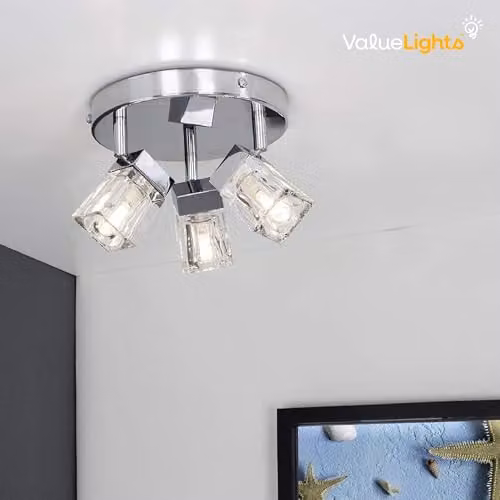 ValueLights Ritz Ice Cube Polished Chrome IP44 3 Way Spotlight Flush Ceiling Light in Silver – 2