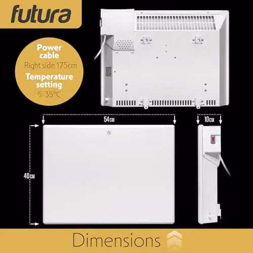 Futura 1000W Convector Electric Panel Heater with Timer and Thermostat, White, Wall Mounted or Freestanding – 5