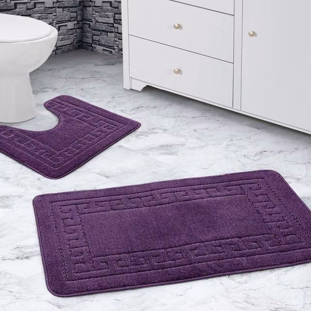 Velosso Greek Key Non-Slip Bathmat and WC Pedestal Mat Set in Purple