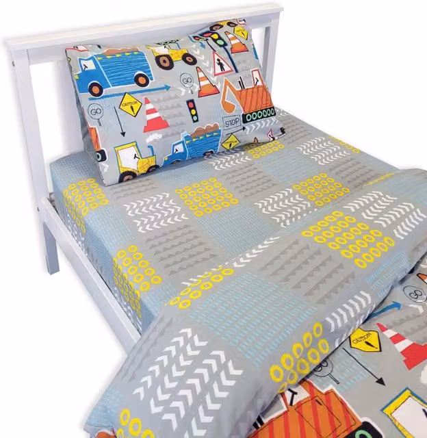 Happy Linen Company Kids Big Digger Construction Fitted Sheet, Grey, 140 x 200 cm
