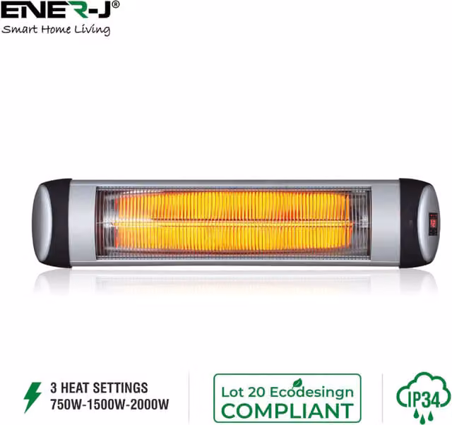 Ener-J Wall Mounted Infrared Heater 2000W with Quartz Tube and 3 Heat Settings in Grey