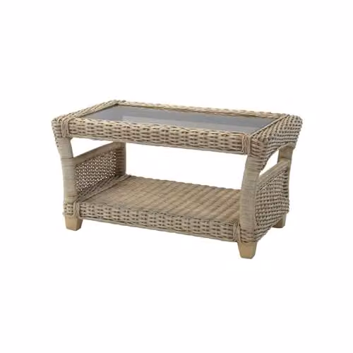 Desser Arlington Wicker Coffee Table with Glass Top and Storage Shelf in Brown and Beige, H48cm x W88cm x D57cm