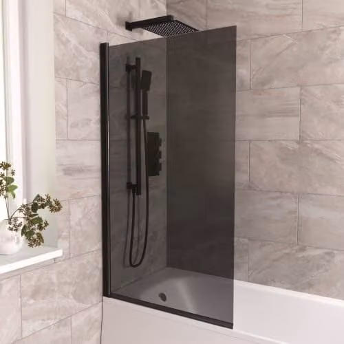 Nes Home Reversible Square Bath Screen with Black Profile and Tinted Black Glass, W: 80 cm – 1