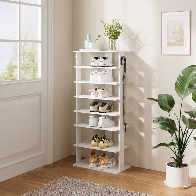 Livingandhome Minimalist White Vertical Shoe Rack with Back Panel, Height: 113 cm