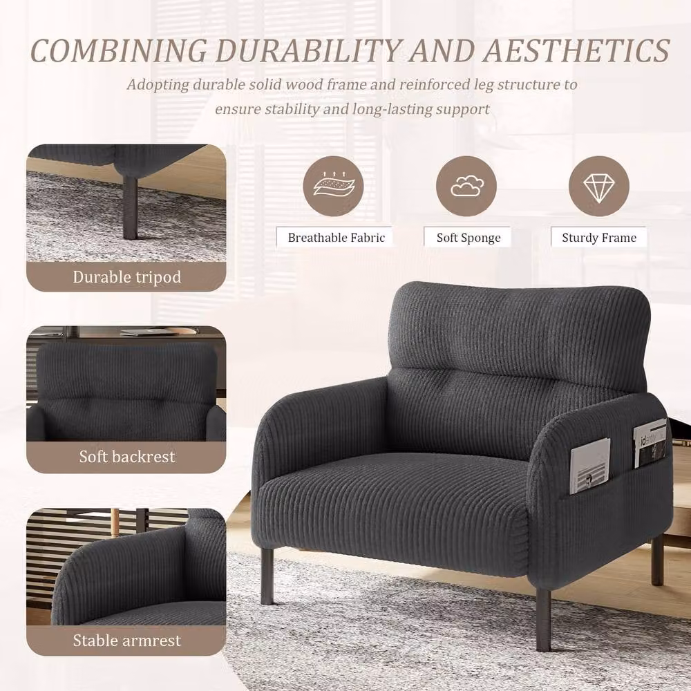 Direct Wicker Grey Corduroy Single Armchair with Wide Seat and Solid Wood Frame – 3