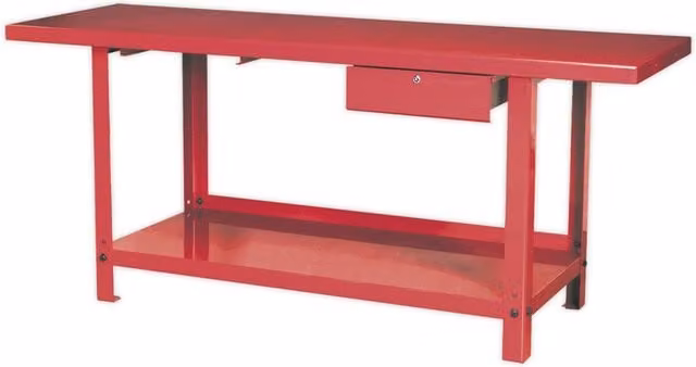 Loops Red Steel Workbench with Locked Drawer and Bottom Shelf Storage, W: 200 cm, D: 65 cm, H: 86.5 cm – 1