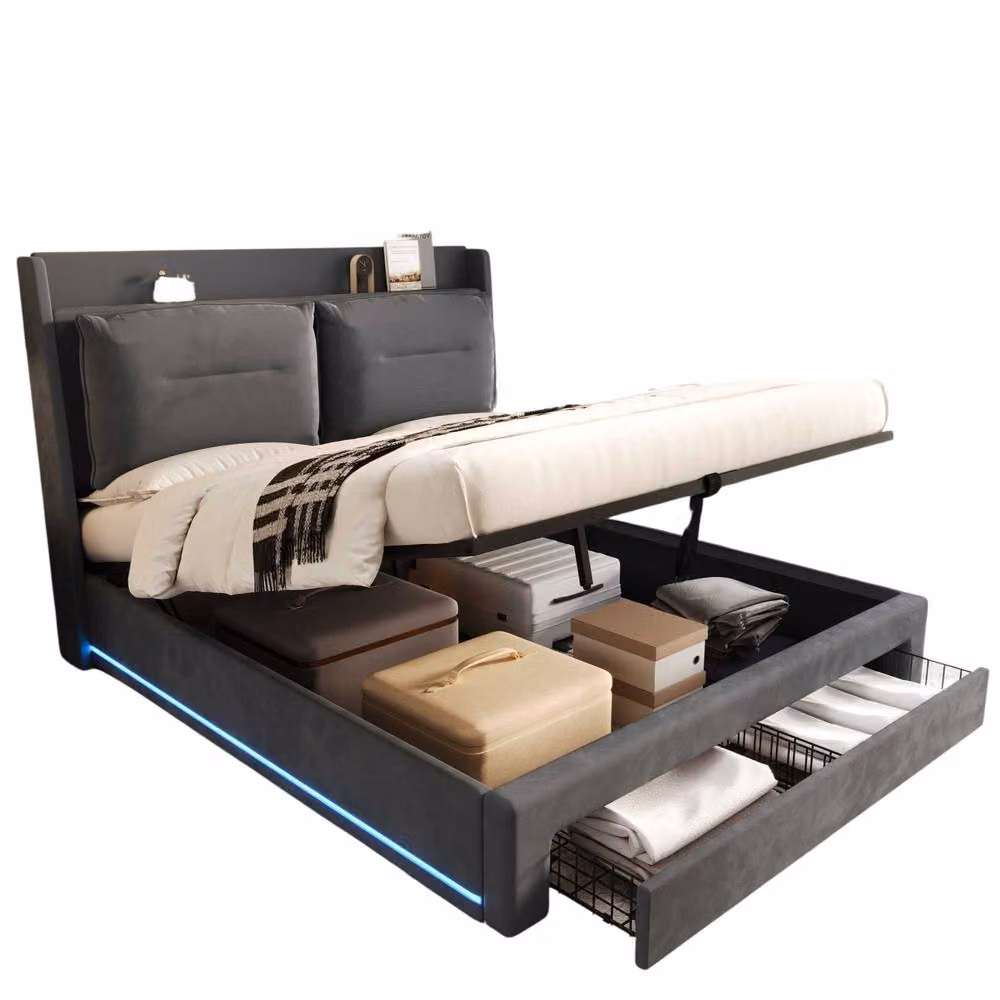 STILVORA Grey Velvet Upholstered King Size Bed with Under-Bed LED Lighting and Storage, W/D/H: 180 x 200 cm – 5