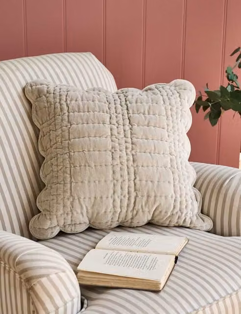 Laura Ashley Classic Square Velvet Scalloped Cushion in Light Grey