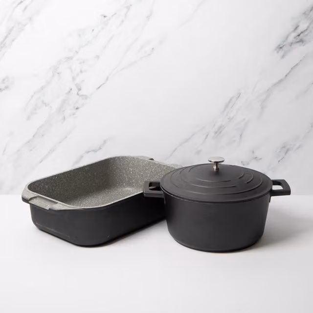 MasterClass Non-Stick Casserole Dish 24cm (4 Litre) and Roasting Pan Set, Black