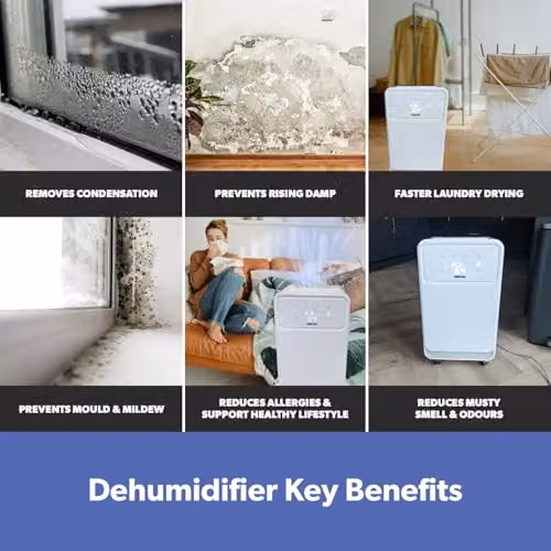 Geepas 12L Dehumidifier in White with 2L Tank, Digital Display, 24H Timer and Continuous Drainage – 7
